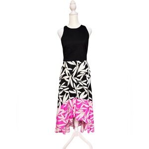 Vince Camuto Dress Sz 8 Black Pink Leaf Print Sleeveless High-Low Hem